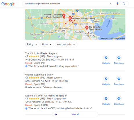 Screenshot of a Google search results for “cosmetic surgery doctors in Houston”Screenshot of a Google search results for “cosmetic surgery doctors in Houston”