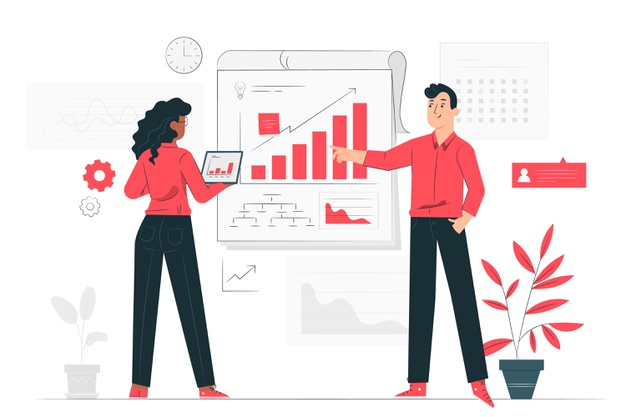 Concept illustration of marketers analyzing brand identity-building metrics