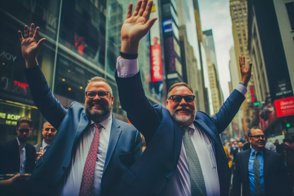 two businessmen celebrate a win.