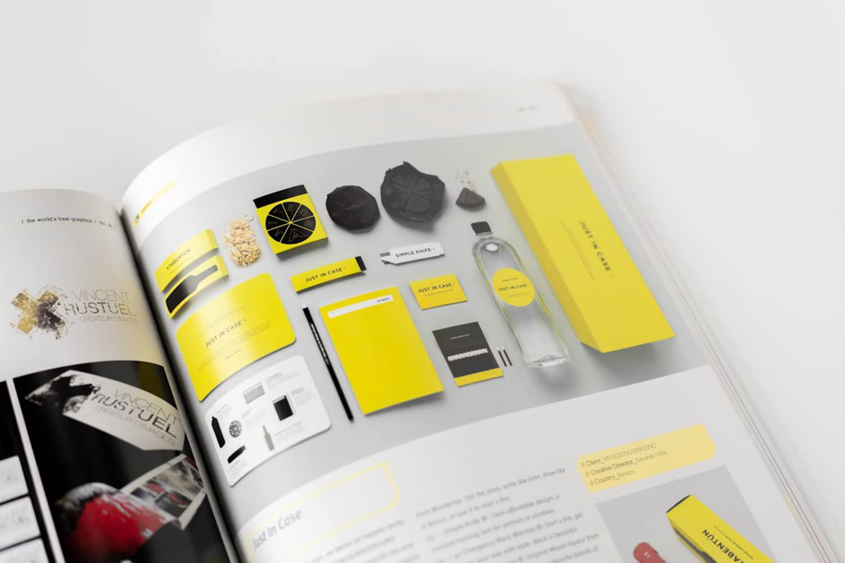 a magazine page displaying a brand with a distinct black and yellow color palette.