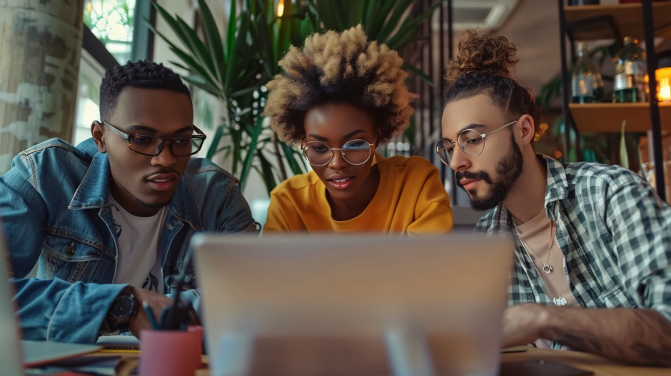 A group of marketing experts reviewing and strategizing content updates for a brand's website.