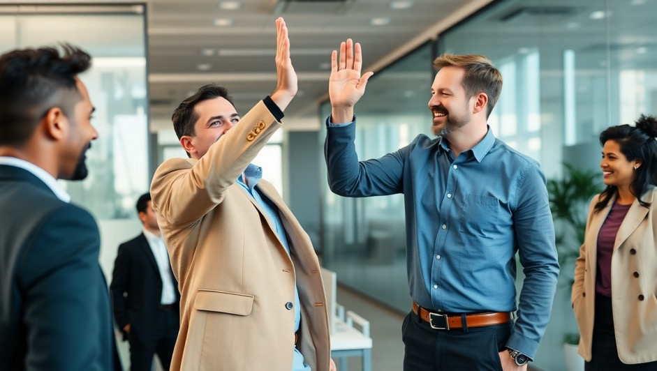A marketing team of four with two of them high-fiving each other