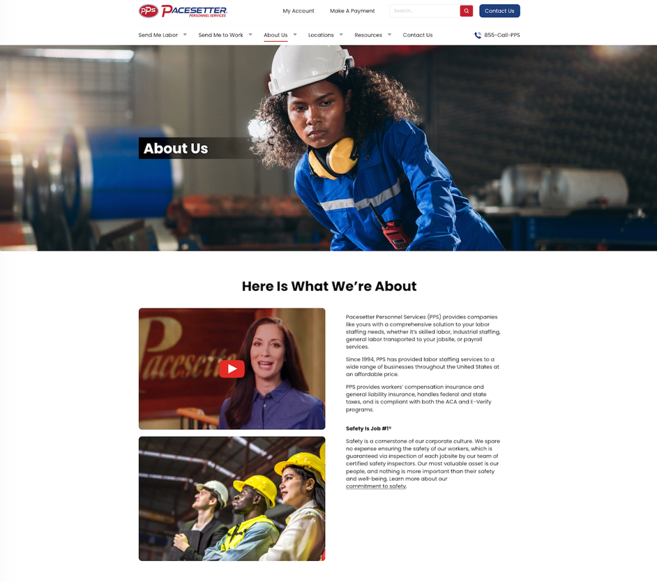 Pacesetter Personnel Services' About Us page.