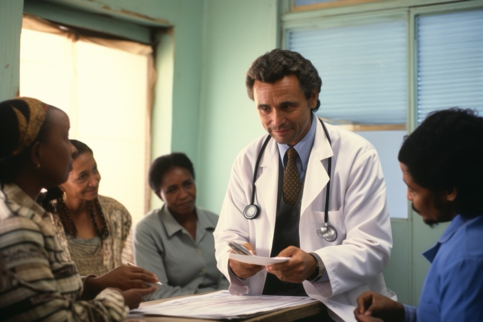 A physician talking with a patient and their family