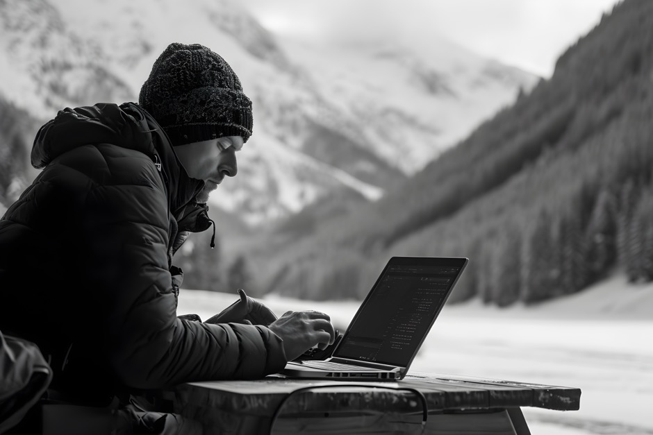 A content writer focused on a laptop screen in the middle of an icy frozen mountain