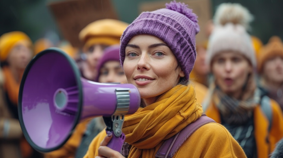 An attractive woman wearing a purple knit hat holding a purple bullhorn.