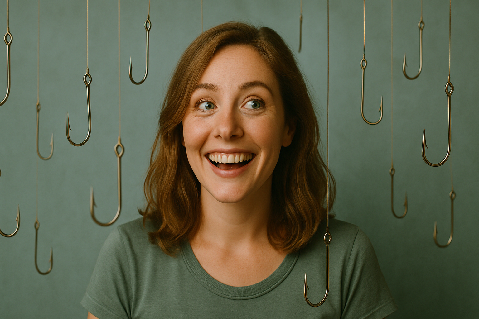 A woman smiles as she is surrounded by hooks
