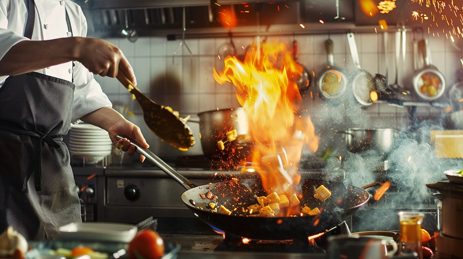 A chef creating a dish in the kitchen with a wok and fire