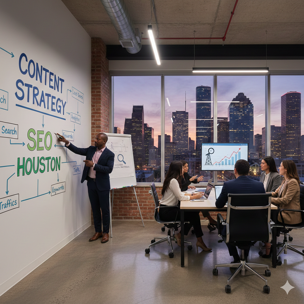 A content strategy layout illustrating SEO Houston elements like local keywords and optimized headlines.