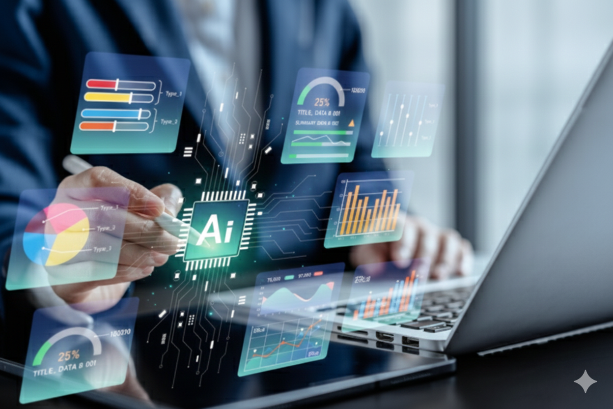  An AI marketing dashboard showing automation metrics in a modern office setting.
