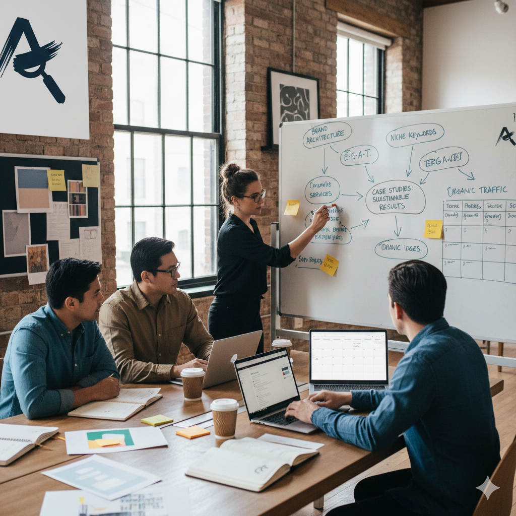  A brand identity design agency team creating an SEO content strategy.